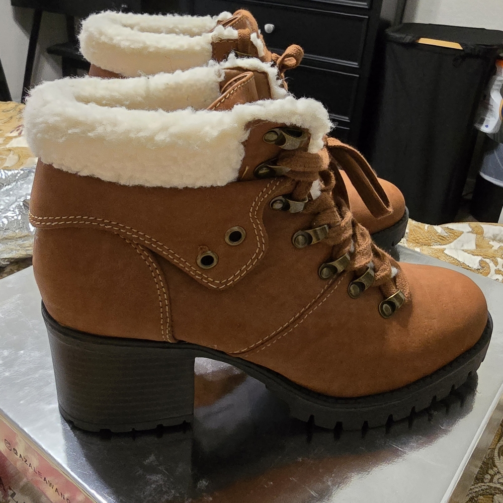 MIA Tan Heeled Boots with White Trim